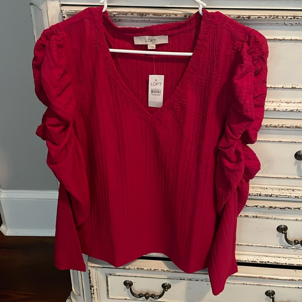 LOFT Red Ruffled V-Neck Top